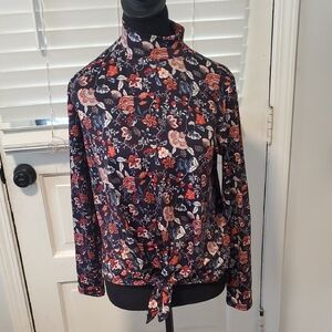 Kim & Cami Black Mock Neck Floral Top with Red and Cream Accents